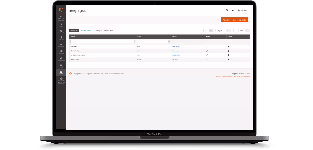 Tela de integrações via API REST no painel MageUp