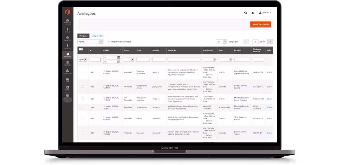 Avaliações de produtos no admin MageUp