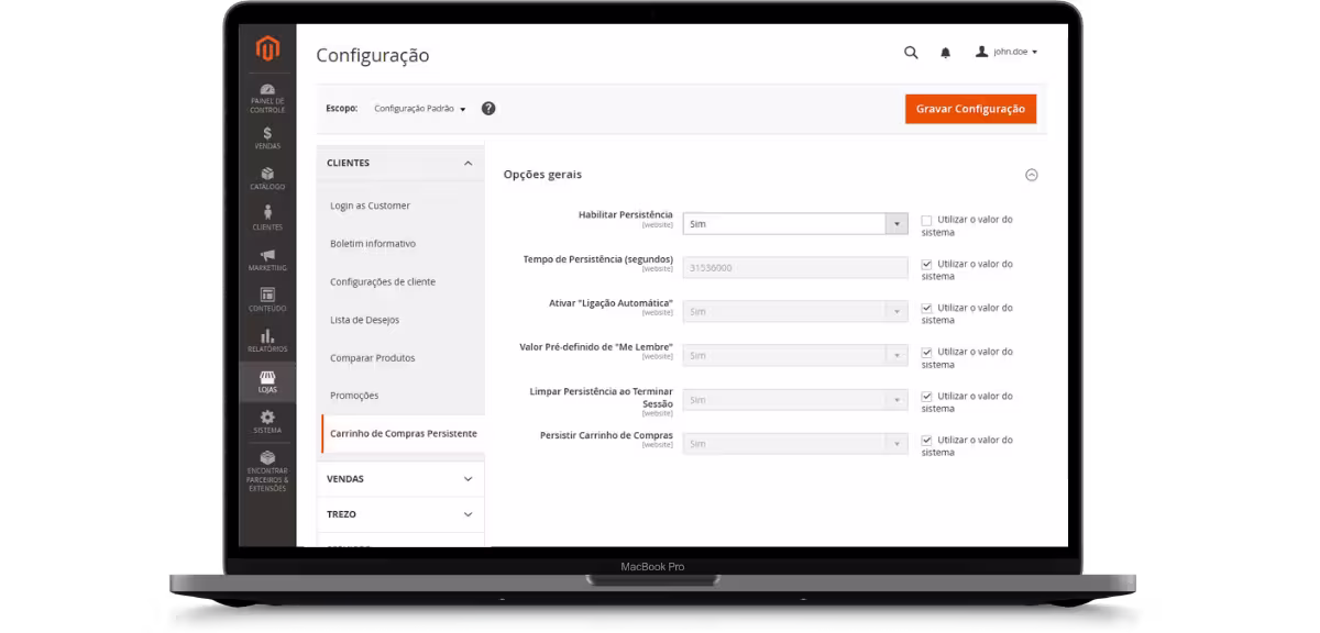 Configuração de carrinho persistente no admin MageUp
