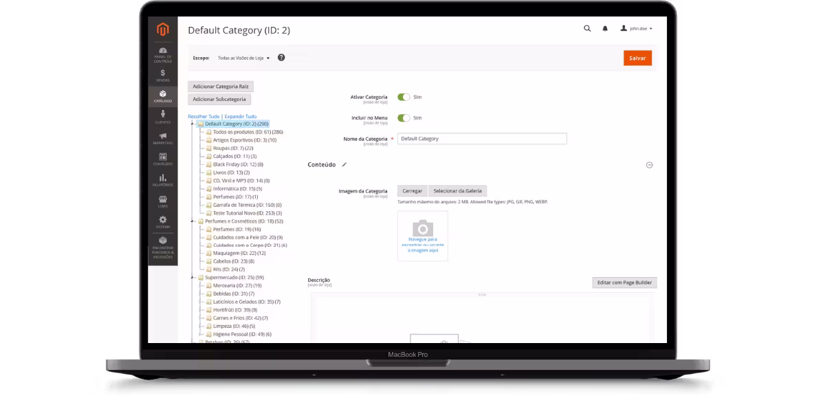 Painel de gestão de catálogos e categorias no admin MageUp