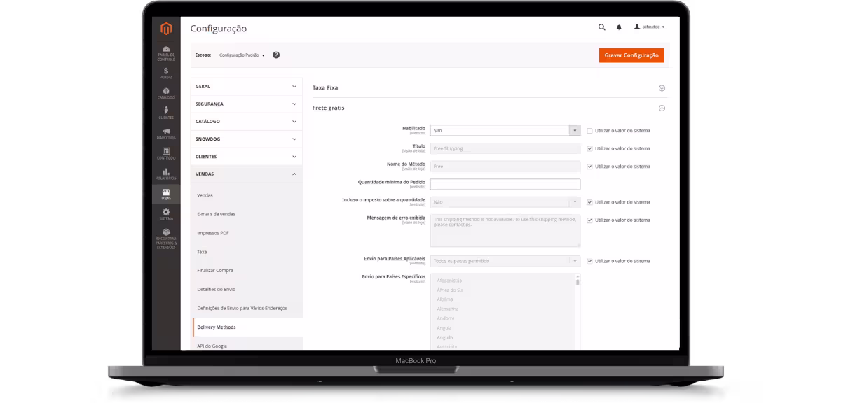 Configuração de frete no admin MageUp