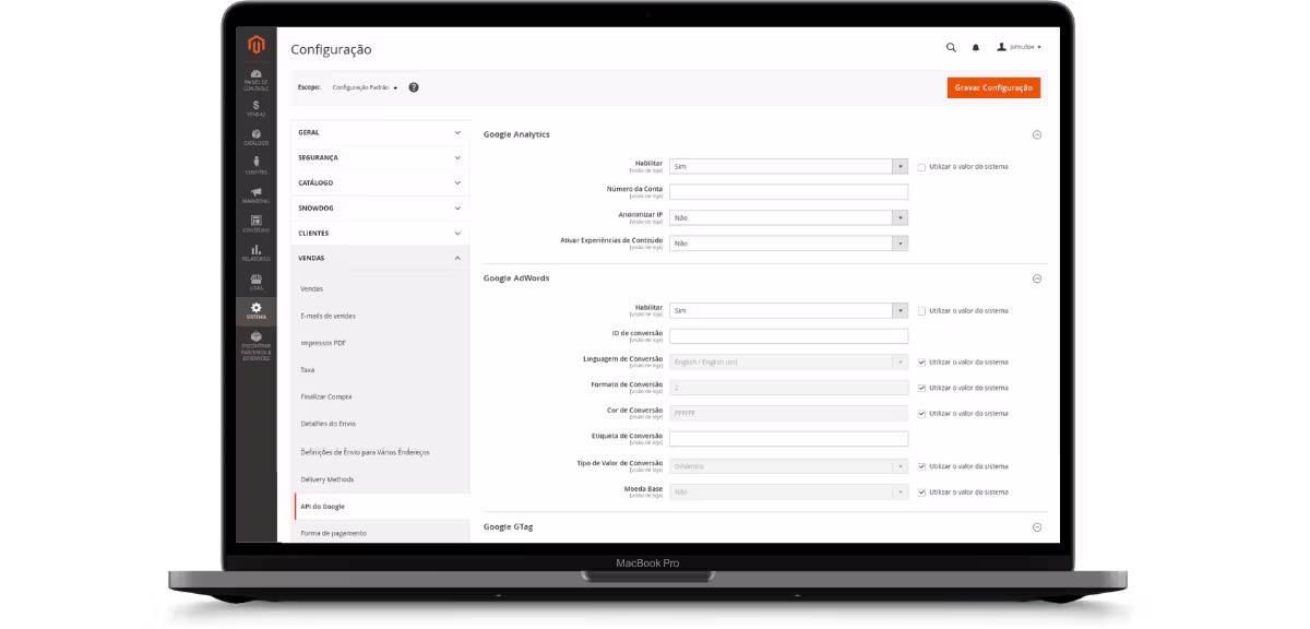 Configuração de Google Analytics e GTM no painel MageUp