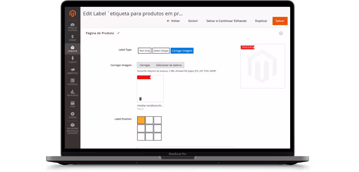 Configuração de labels de produtos no admin MageUp