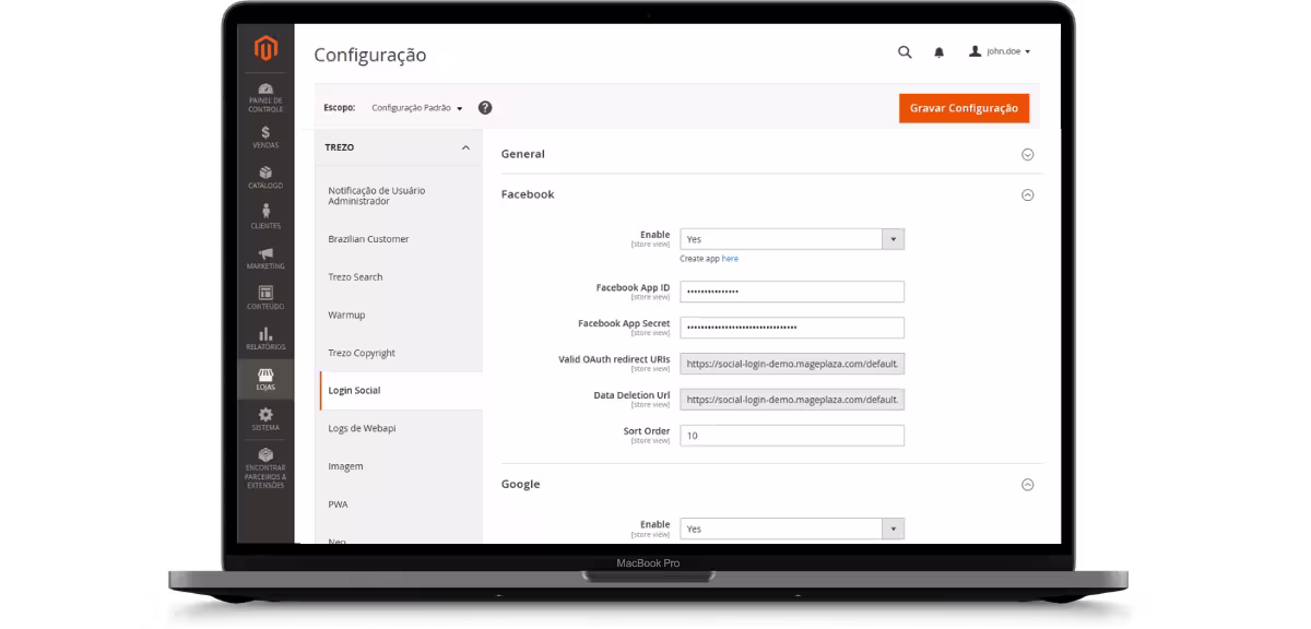 Configuração de login social no admin MageUp