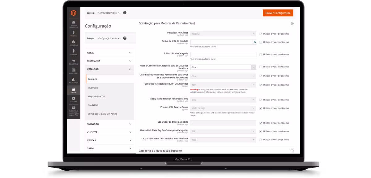 Painel de configurações de SEO no admin MageUp