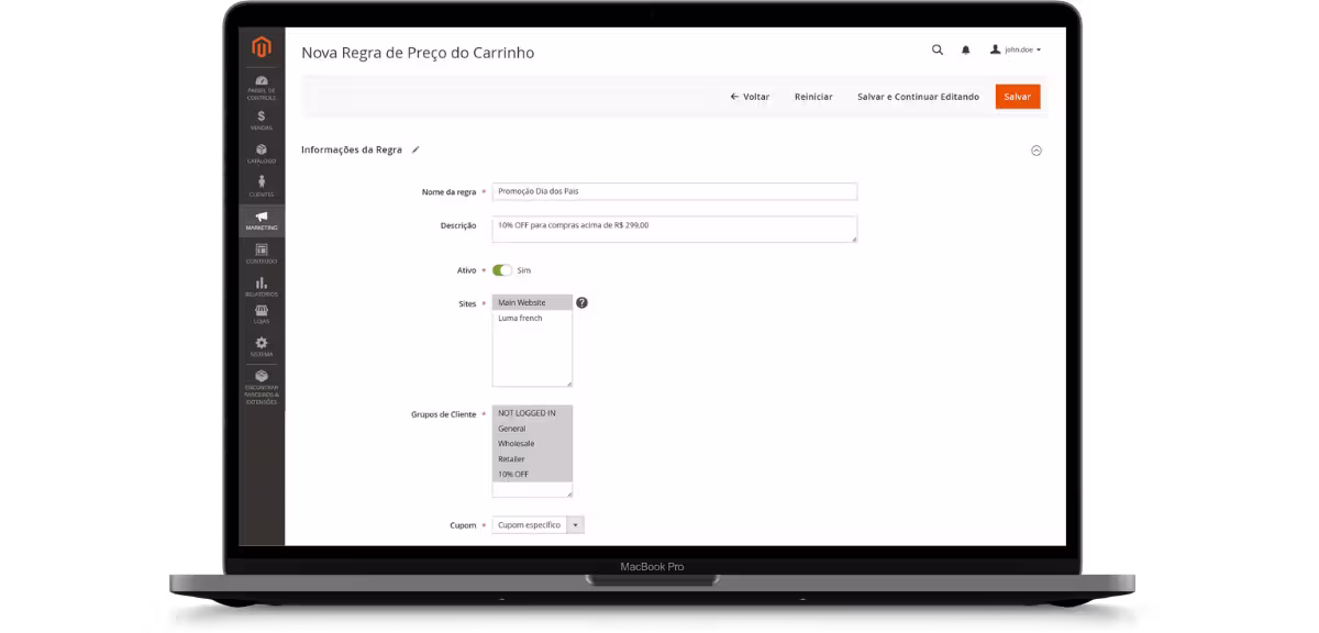 Painel de gestão de promoções no admin MageUp